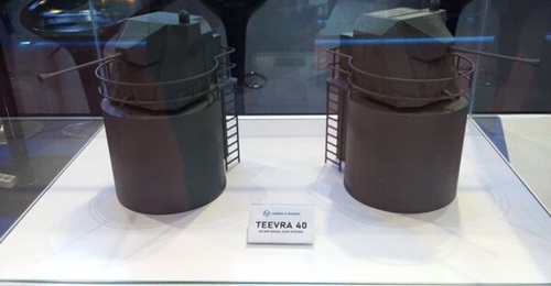 Models of the Teevra 40 naval gun system on display during Indo Defence 2022.