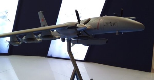 A model of the Bayraktar Akinci UAV at Indo Defence 2022.