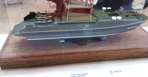 A model of the new fast interceptor craft that has been ordered for the Indonesian Army on display at Indo Defence 2022.