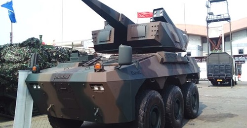 A Badak fire support vehicle, seen here with a mock-up of the Skyranger 30 turret, at Indo Defence 2022.