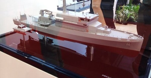 A model of the new MCMV that is being built by for the Indonesian Navy, on display at Indo Defence 2022.
