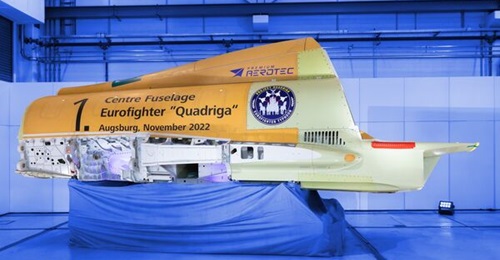The first of 38 centre fuselage sections for Germany's Project Quadriga Eurofighter procurement was rolled out on 9 November.