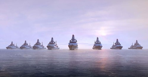 An artist's impression of all eight Type 26 frigates at sea.