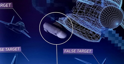 Elettronica showcased conceptual artwork of its Edge electronic attack pod fitted to the Eurofighter EK, at the IQPC International Fighter Conference 2022 in Berlin.