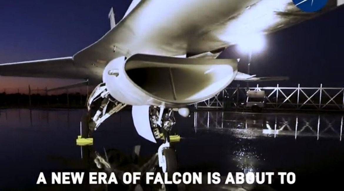 A screenshot from a Lockheed Martin video showing the first F-16, a Block 70 aircraft for Bahrain, rolling off the new production line in Greenville, South Carolina.