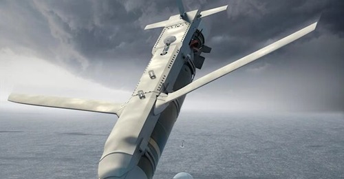 An artist's rendering of a HAAWC weapon being released from a P-8A Poseidon at altitude.