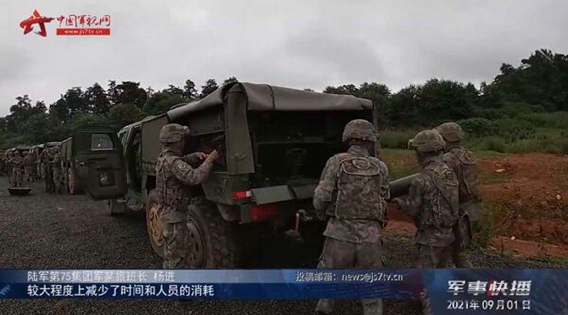 A screengrab from footage released by CCTV on 1 September showing PLAGF personnel unloading a mortar and related rounds from the back of a modified CTL181A 6×6 protected vehicle.