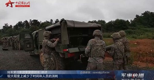 A screengrab from footage released by CCTV on 1 September showing PLAGF personnel unloading a mortar and related rounds from the back of a modified CTL181A 6×6 protected vehicle.