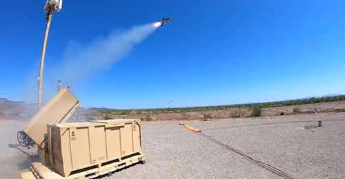 A still from a video released by Raytheon shows a Coyote Block 2 being launched during tests at Yuma Proving Ground in August 2021.