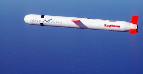 A Tactical 'Tomahawk' Block IV cruise missile conducts a controlled flight test over the Naval Air Systems Command's western test range complex in Southern California.