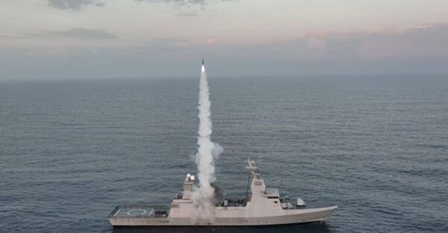The Sa'ar 6 corvette INS 
        
        launches a Barak LRAD during the test.