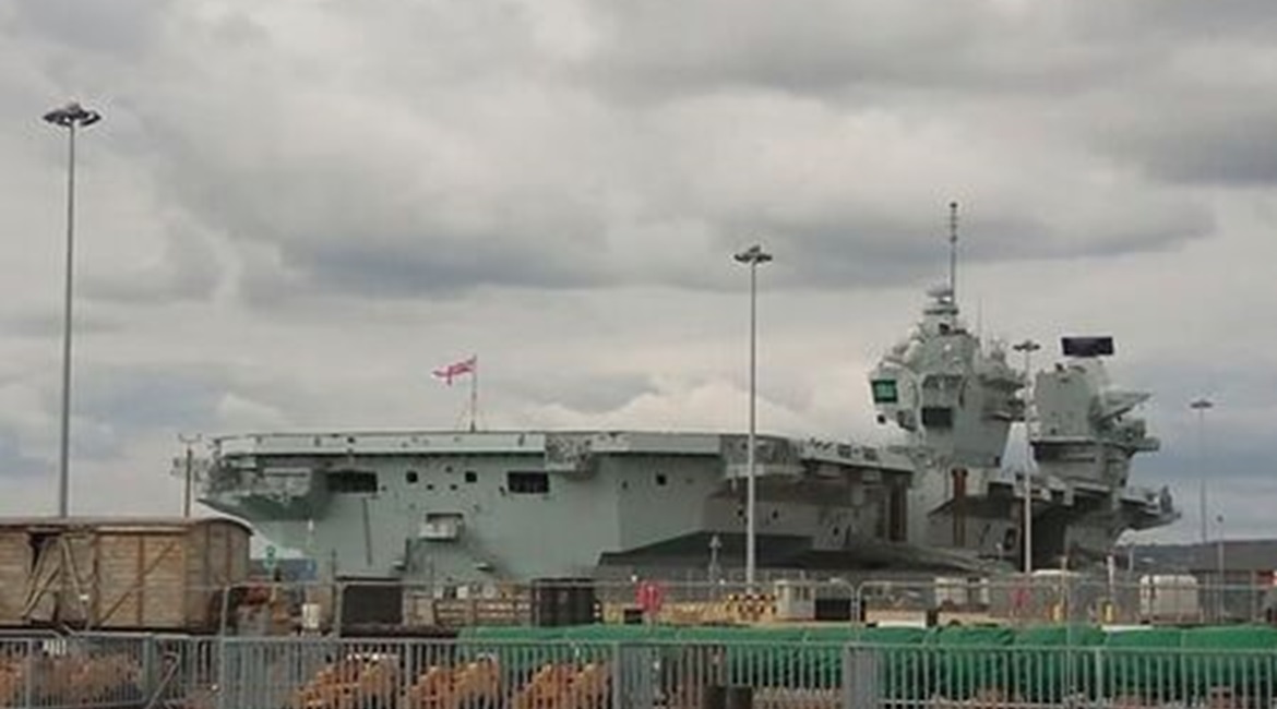 HMS 
        
         in Portsmouth on 28 August, eight days before it sortied for its first longer period of time training with F-35B fighters.