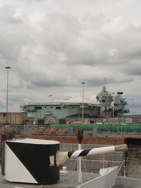 HMS 
        
         in Portsmouth on 28 August, eight days before it sortied for its first longer period of time training with F-35B fighters.