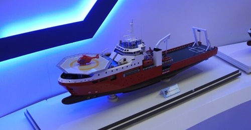 A model of Vietnam's submarine rescue ship on display at VIDEX 2022 in Hanoi.