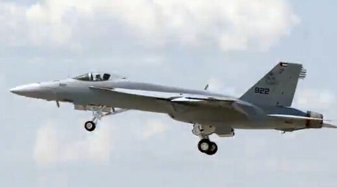 A screenshot from a Boeing video showing the final Super Hornet for Kuwait departing St Louis on its delivery flight to the US Navy.