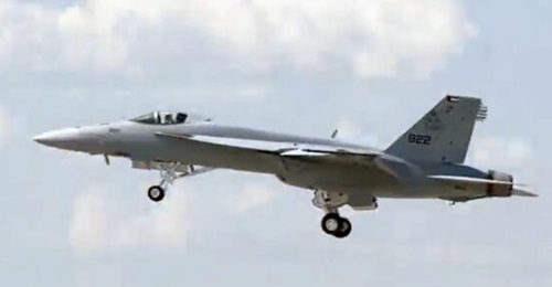 A screenshot from a Boeing video showing the final Super Hornet for Kuwait departing St Louis on its delivery flight to the US Navy.