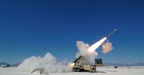 A PAC-3 missile is fired from a Patriot launcher.