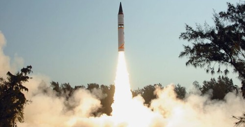 India has conducted a flight test of theAgni-V intermediate-range ballistic missile.Pictured above is an image from an earlier trial of the Agni-V.