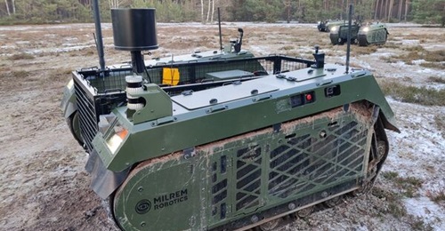 Three THeMIS UGVs pictured at the Lehnin Training Area, Germany during the fifth iMUGS demonstration.
