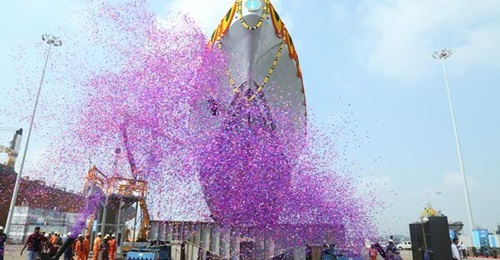 The first anti-submarine warfare shallow water craft on order for the Indian Navy, seen here at its launch ceremony on 20 December.
