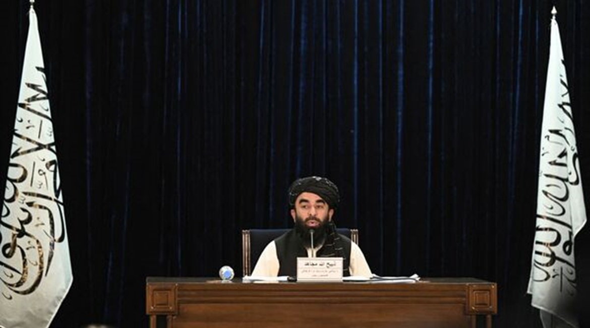 Taliban spokesperson Zabihullah Mujahid during a press conference held in Kabul on 7 September in which he announced that Mullah Mohammad Hassan Akhund would be the head of a new Taliban interim government in Afghanistan, while other key positions woul...