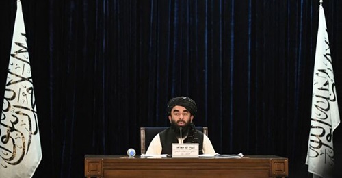 Taliban spokesperson Zabihullah Mujahid during a press conference held in Kabul on 7 September in which he announced that Mullah Mohammad Hassan Akhund would be the head of a new Taliban interim government in Afghanistan, while other key positions woul...