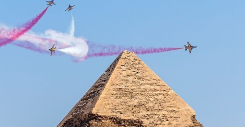 The South Korean Black Eagles aerobatic team perform during the Pyramids Air Show on 3 August 2022.