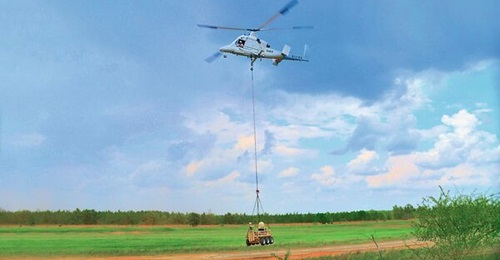 One of the two Lockheed Martin-converted Kaman K-MAX optionally manned helicopters during a trial with the US Army Tank Automotive Research, Development, and Engineering Center (TARDEC) at Fort Benning, Georgia.