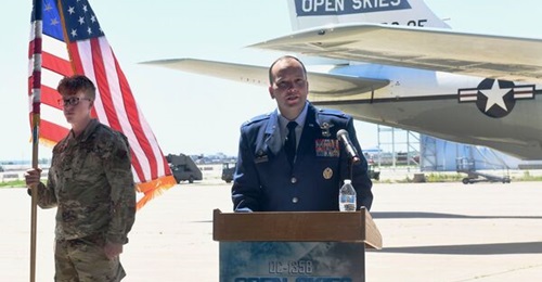 Colonel John Litecky, 55th Operations Group commander, gives opening remarks during the Open Skies 670 retirement ceremony at Lincoln Airport, Nebraska, on 4 June.