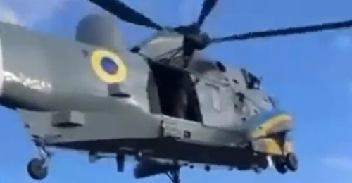 Screenshot of a Twitter video posted by Ukrainian Defence Minister Oleksii Reznikov on 21 January showing the first of three former UK Sea King helicopters in the service of Ukraine.