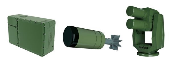 The Akkor active protection system's subcomponents include a radar, effector projectile, and two-round launcher (from left to right).