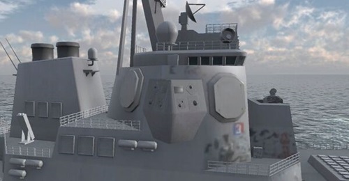 An artist's rendering of the SEWIP Block 3 EA subsystem installed on a DDG-51 destroyer.