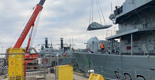 The MK 141 launcher structure being removed from HMS 
        
        in preparation for the installation of NSM.