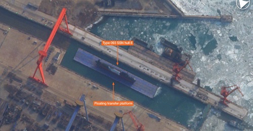 Planet imagery showing Type 093 SSN hull 8 during launch at Huludao shipyard in China. This is possibly the second Type 093B hull.