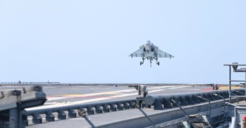 India's naval LCA conducting its maiden landing on INS 
        
        .