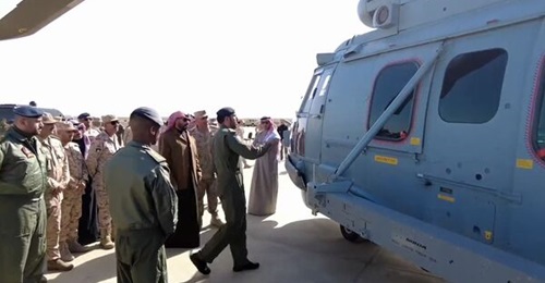 A still from a video released by the Kuwait Army shows Sheikh Talal Khaled al-Ahmad al-Sabah inspecting an H225M with a launcher for MBDA Exocet anti-ship missiles during a visit to the Ali al-Salem Air Base.