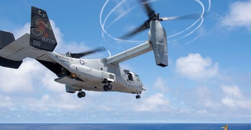 An MV-22B from the 31st Marine Expeditionary Unit takes off in the Philippine Sea on 2 June 2021.