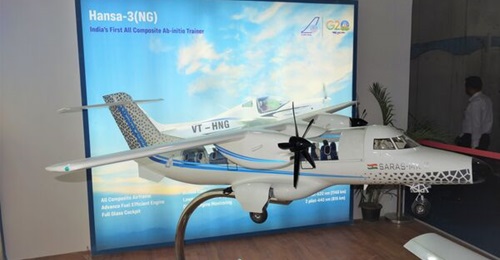 A scale model of CSIR-NAL's Saras-Mk II multirole commuter aircraft at Aero India 2023.
