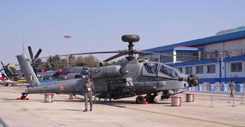 A Boeing AH-64E Apache of the Indian Air Force during the Aero India 2023 show in Bangalore.