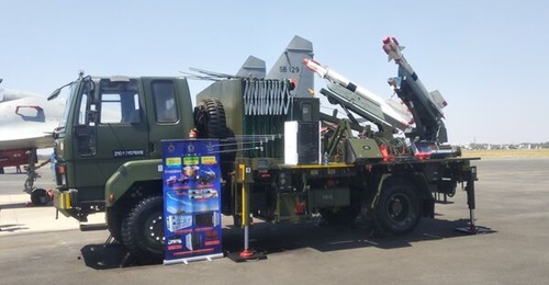 The SAMAR-1 air-defence system (pictured at Aero India 2023) uses an Ashok Leyland vehicle mounted with refurbished R-73E missiles on rail launchers.