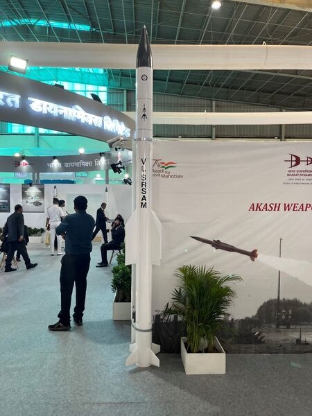 The VL-SRSAM, seen here from the Aero India 2023 show, is a next-generation, ship-based, all-weather, air-defence weapon for integration onto Indian Navy warships as a quick-reaction point defence against supersonic sea-skimming targets like aircraft a...