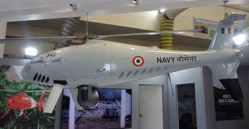 The Camcopter S-100 with roundel of India displayed at the Aero India 2023 show in Bangalore.