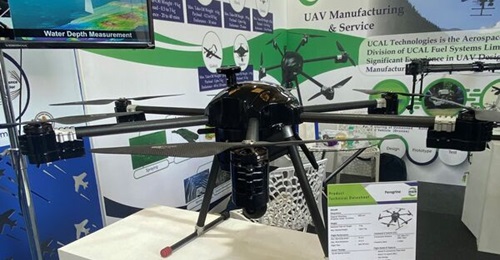 The Peregrine M22 UAV is seen above displayed at the Aero India 2023 show.