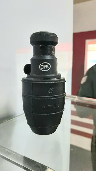 A multimode hand grenade from Munitions India Limited displayed at Aero India 2023.