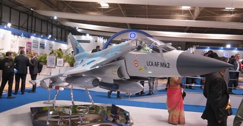 A model of the Tejas Mk2 fighter aircraft was displayed at Aero India 2023, featuring an IRST, the small black object in front of the cockpit.