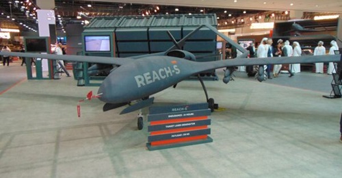 The Halcon Reach-S UAV on the Edge stand at IDEX 2023 in Abu Dhabi.