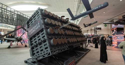 The Halcon Hunter 2-S loitering munition system displayed on the Edge stand at IDEX 2023.