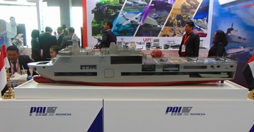 A model of PT PAL's 163 m multimission support vessel at NAVDEX 2023 in Abu Dhabi.