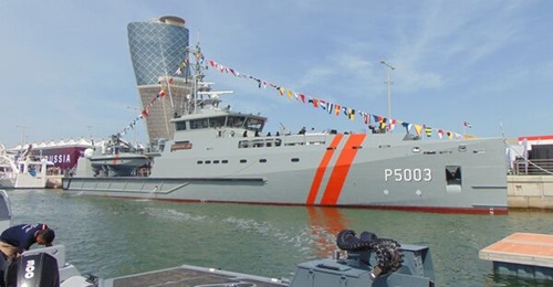 The Damen Stan Patrol 5009 
        
        at NAVDEX 2023.
