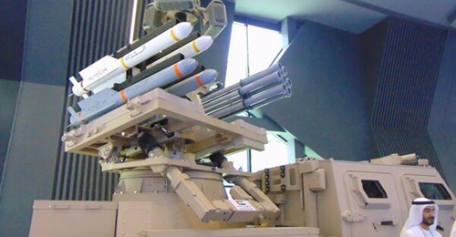 Alheda missiles displayed on the launcher with an integrated Mirsad-II EODS inside the Tazawun Council's pavilion at IDEX 2023.